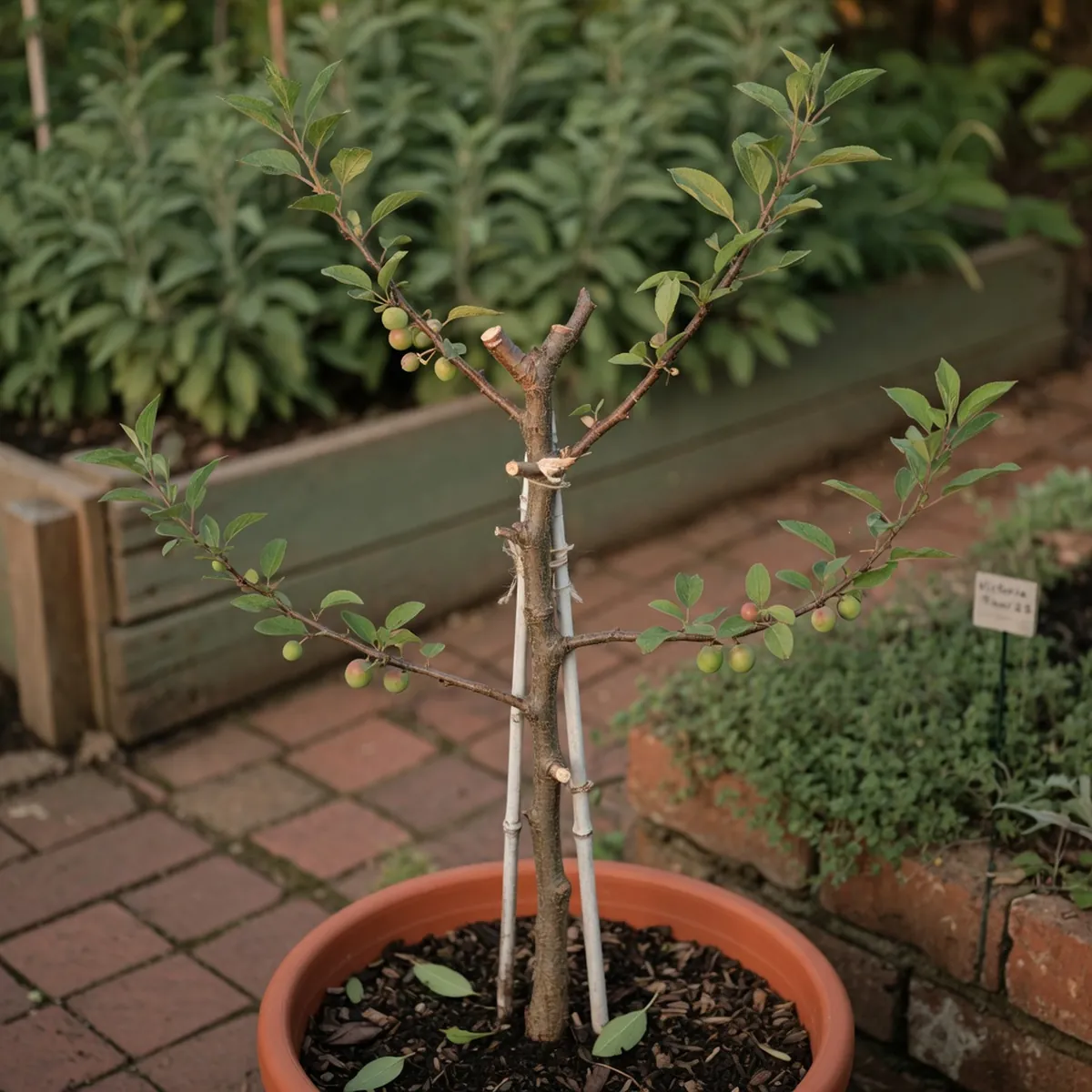 A young plum sapling with several selected branches angled outward from the main trunk.