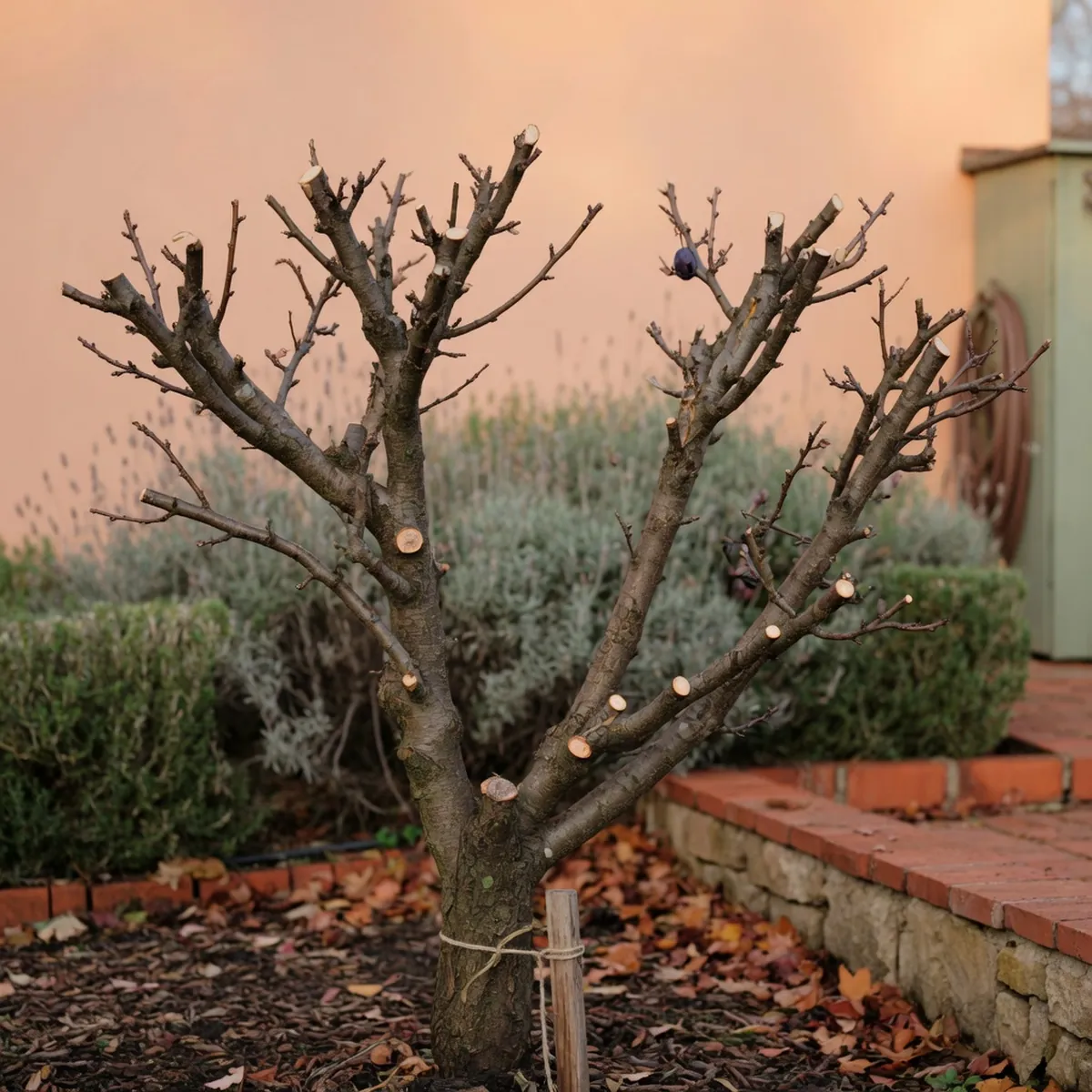 A dormant plum tree showing clean sloping cuts on trimmed branches.