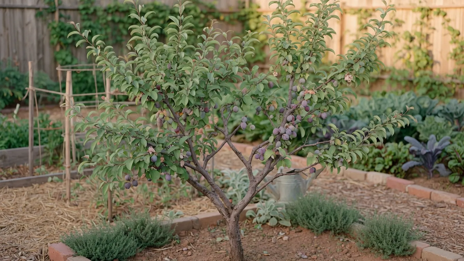 A healthy Santa Rosa plum tree displaying a naturally open vase-like canopy.