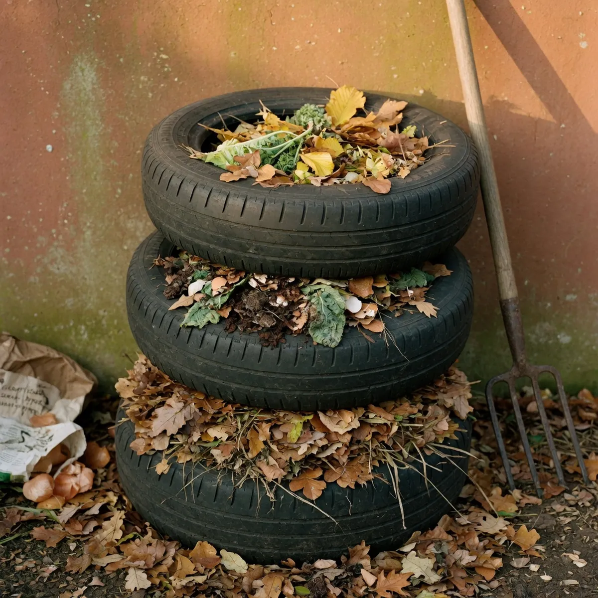 A vertical stack of three tires filled with garden leaves and organic compost material.