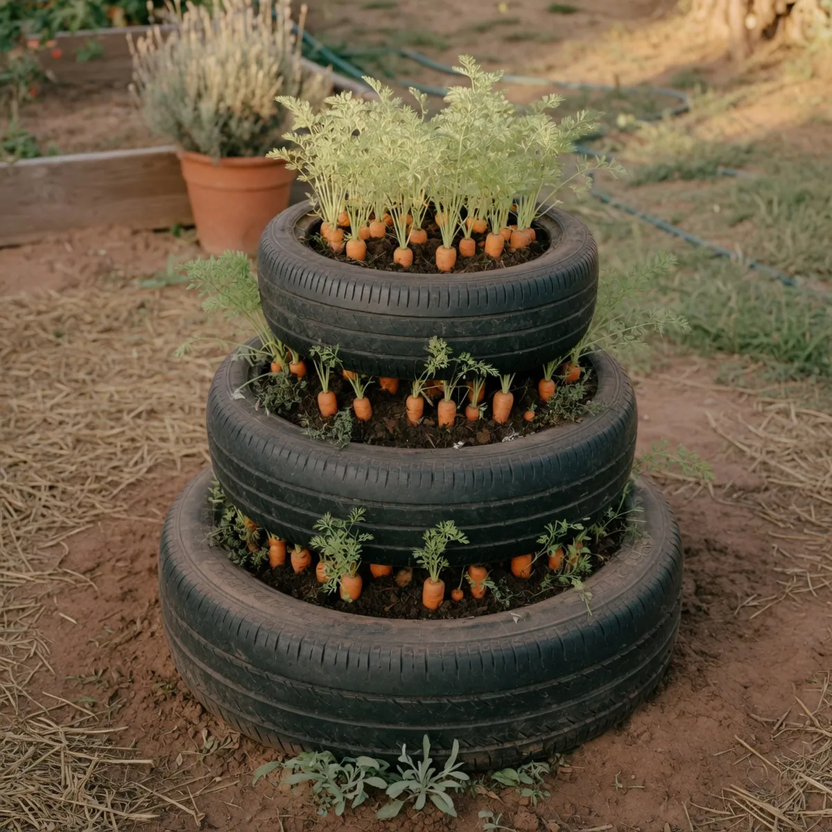 A vertical stack of three tires used as a planter for growing orange carrots.
