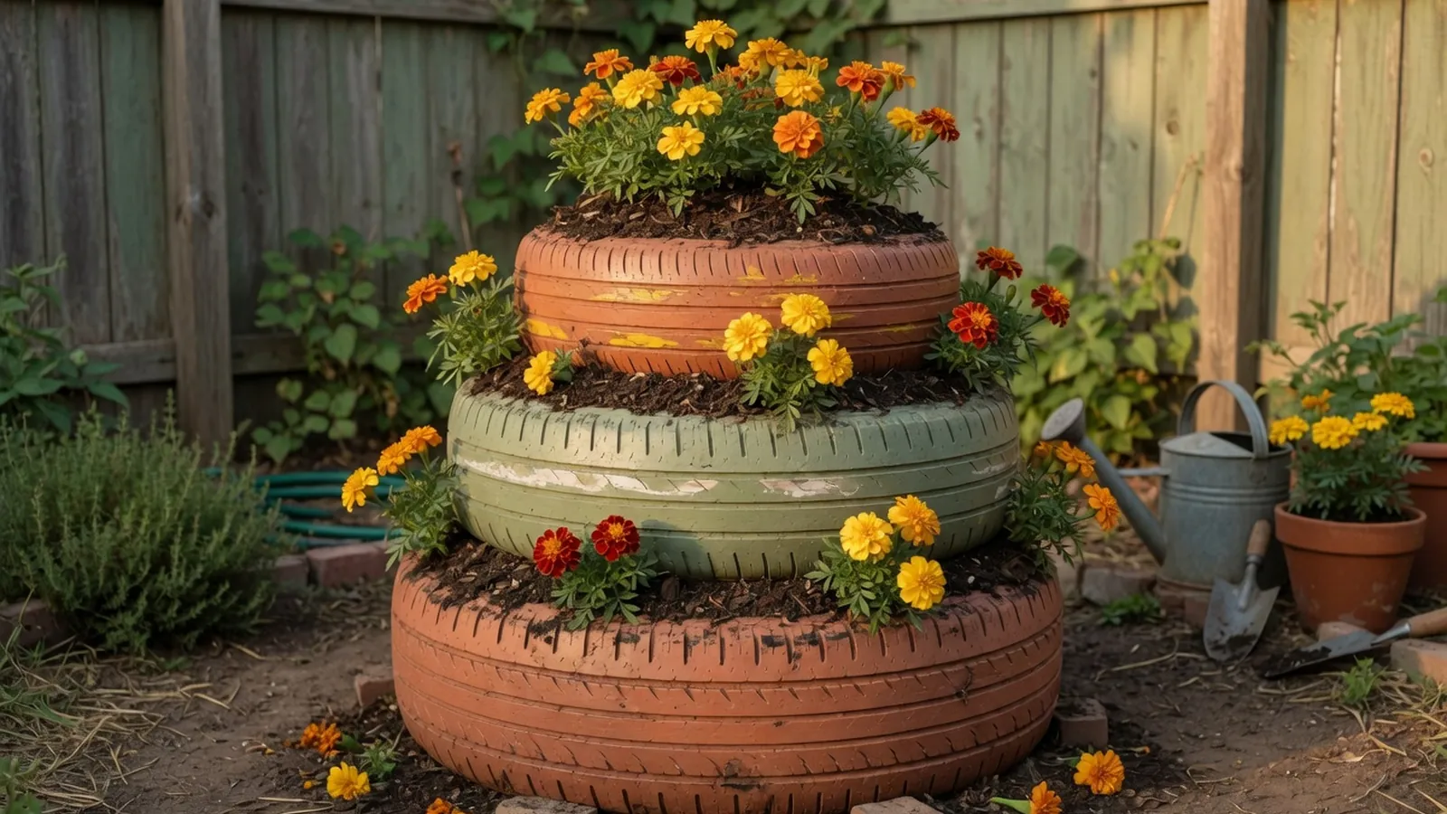 A stack of painted tires filled with soil and blooming marigolds in a sunny garden.