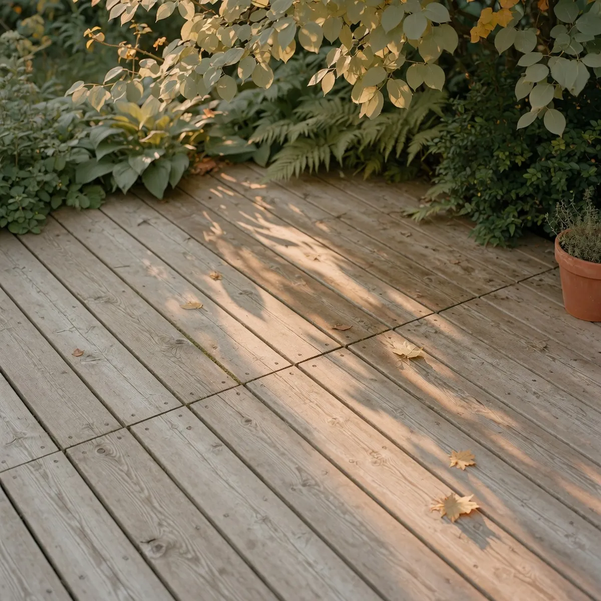 Sunlight illuminates the pale, weathered grain of a freshly cleaned wooden deck ready for staining.