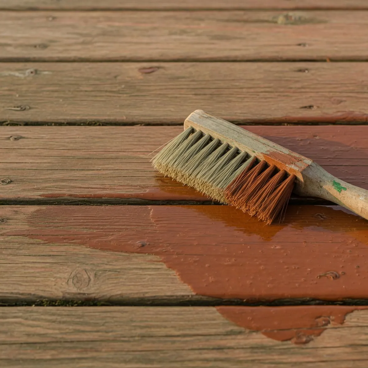 A natural bristle brush spreads a rich, semi-transparent stain evenly across the prepared wooden planks.
