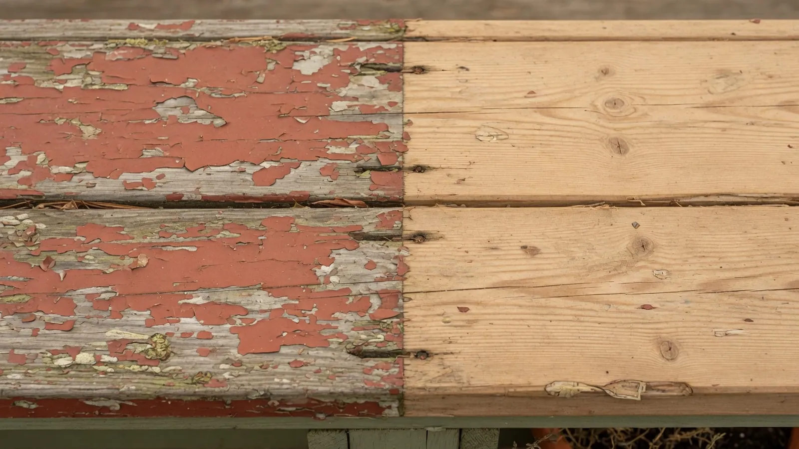 A weathered wooden deck board displays a clear line between faded old stain and freshly stripped timber.