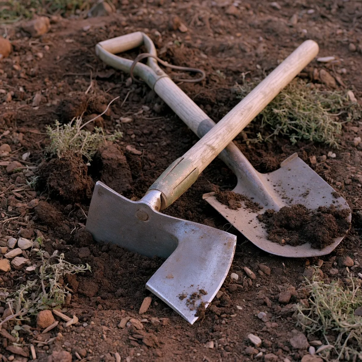 A metal grub hoe and wooden shovel resting on dark soil in a garden bed.