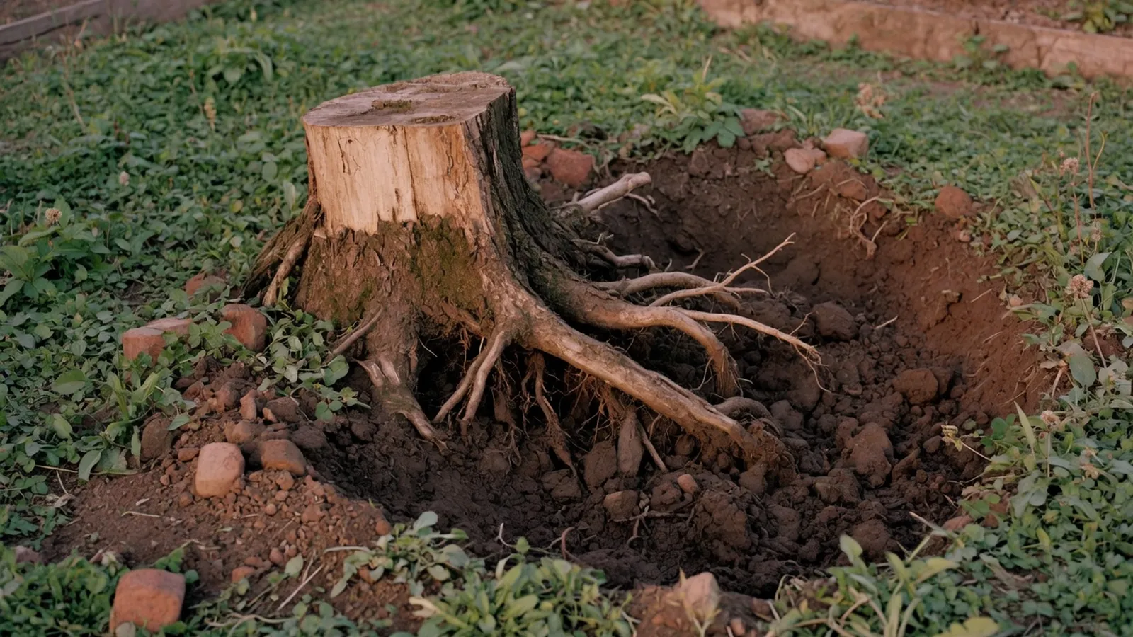 A freshly dug garden bed with a large, exposed tree stump and thick roots partially pulled from the dark soil.