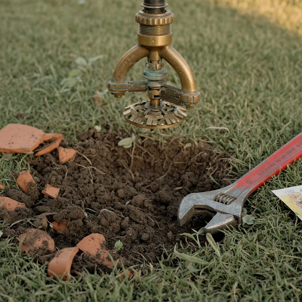 A brass sprinkler head held above dug-up soil next to a wrench on a lawn.