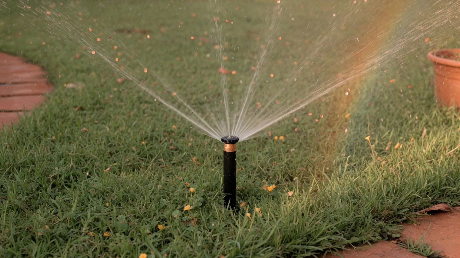 A pop-up sprinkler head spraying water over a healthy green lawn.