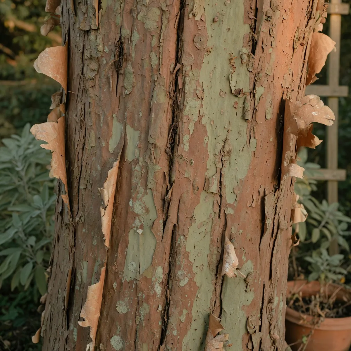 Close-up of vertical cracks and peeling bark on a tree trunk.