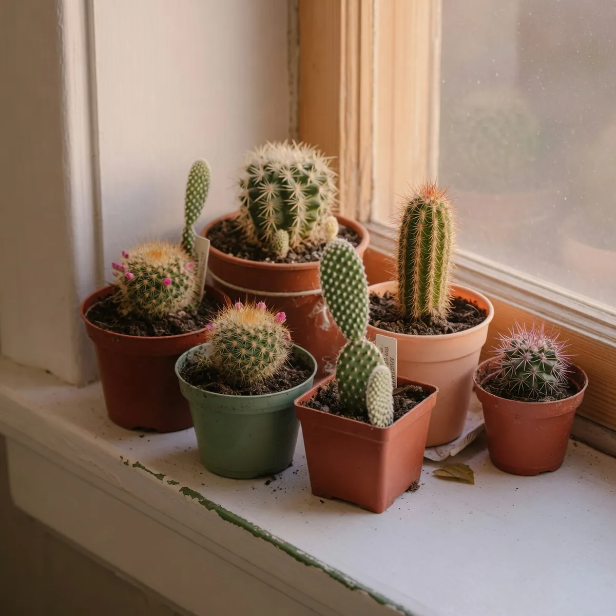 A cluster of small cacti in shallow plastic pots sits on a sunlit windowsill.