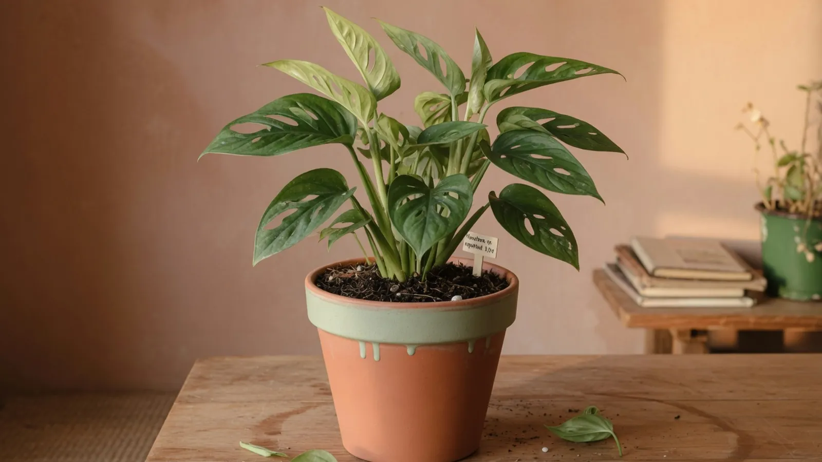 A healthy leafy houseplant in a perfectly proportioned ceramic pot rests on a wooden table.