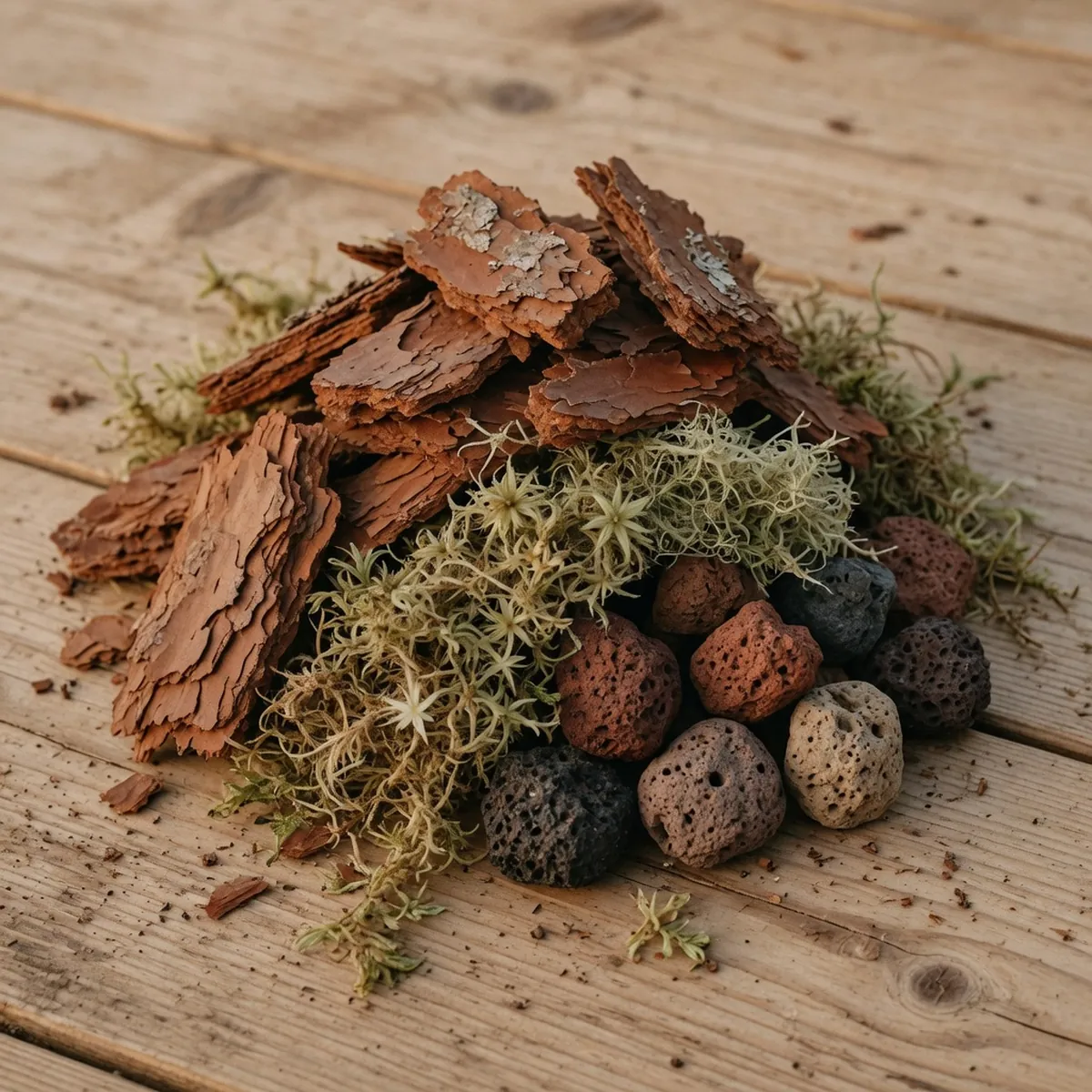 A close-up arrangement of natural growing media including fir bark chunks, dried sphagnum moss, and porous lava rock.