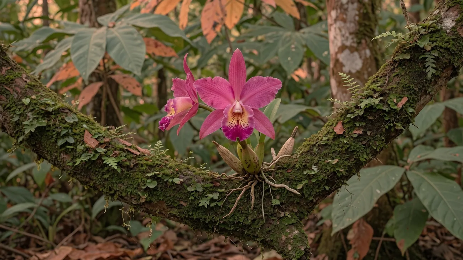 A vibrant orchid blooms on a moss-covered tree branch within a humid, shaded woodland setting.