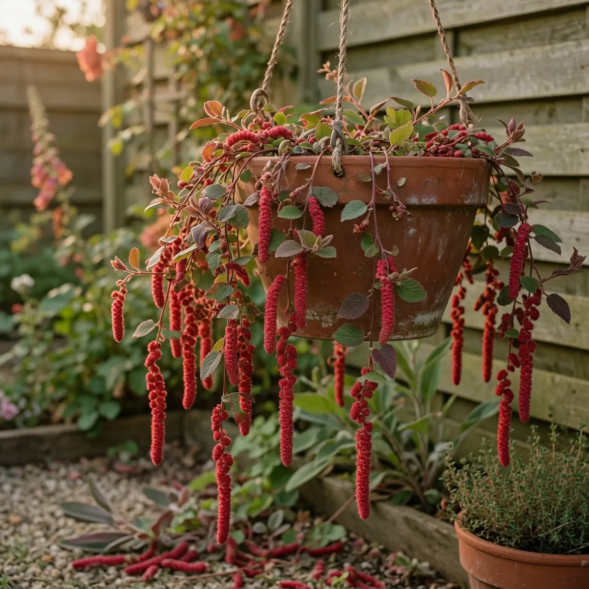 A hanging basket containing the trailing red catkins and small serrated leaves of a dwarf variety.