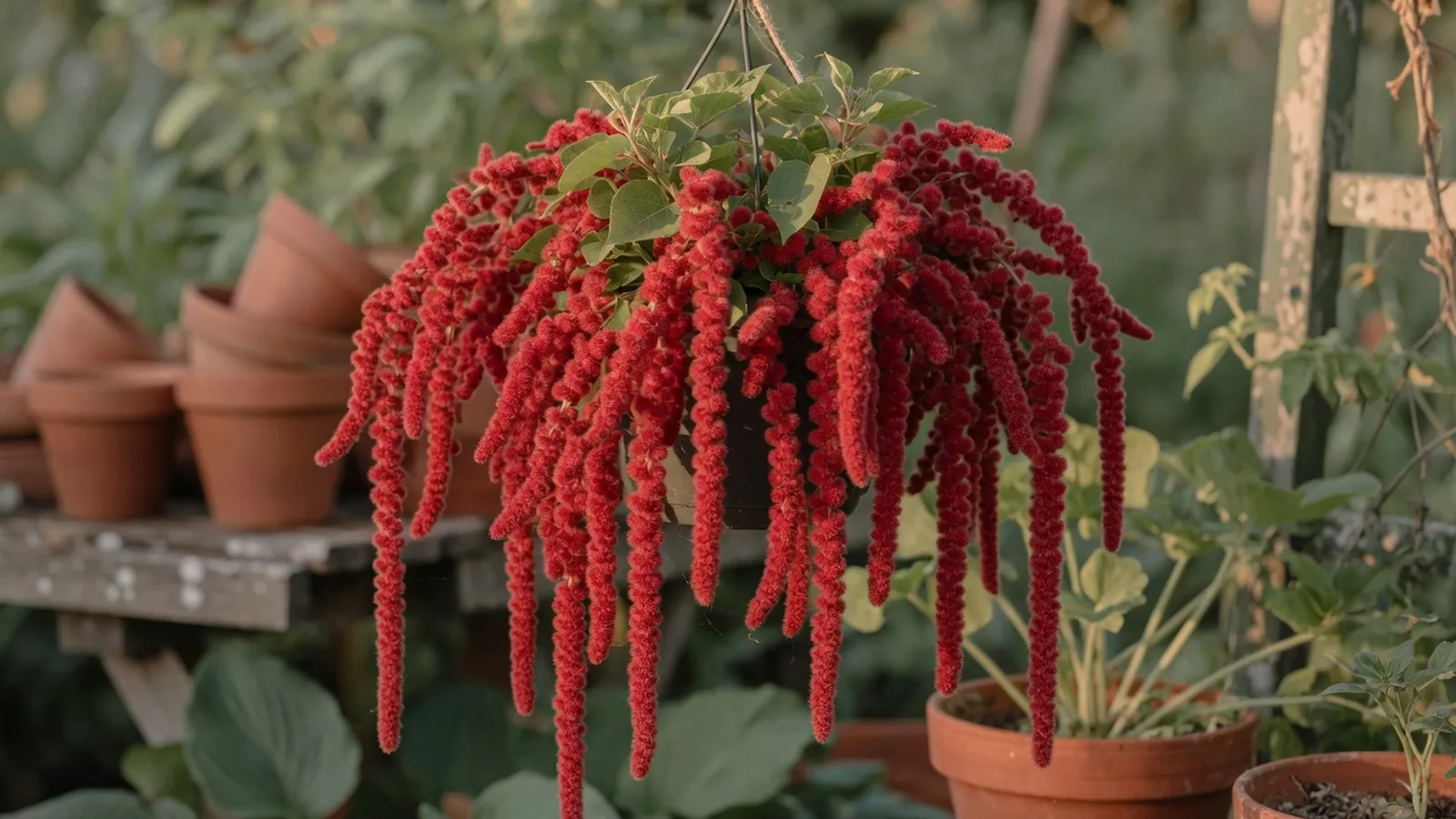 A hanging chenille plant displaying its characteristic long, bright red furry catkins.
