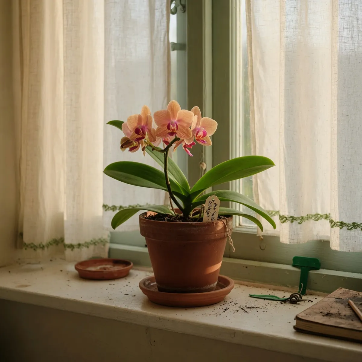 A potted orchid with vibrant green leaves sits on a bright windowsill, demonstrating ideal indoor placement.