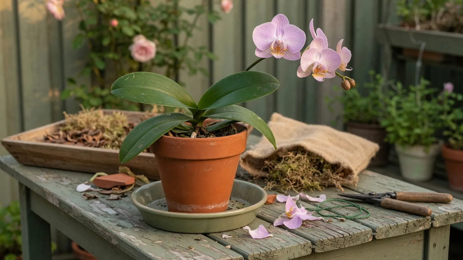 A healthy potted orchid with glossy green leaves and a single blooming flower.