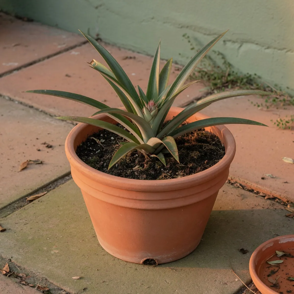 A young pineapple plant growing in a heavy ceramic container on a patio.