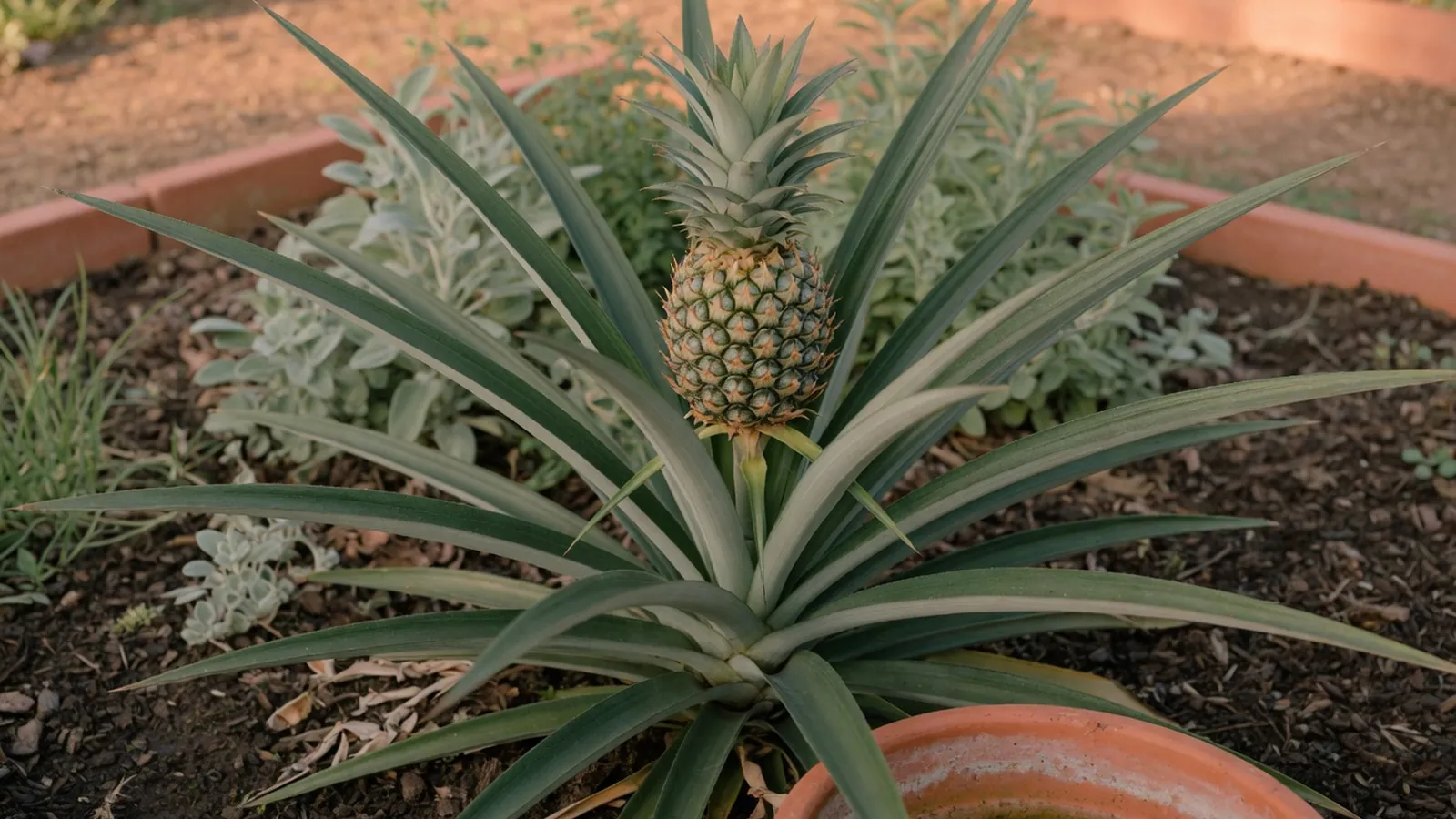A healthy mature pineapple plant with long serrated leaves growing in garden soil.