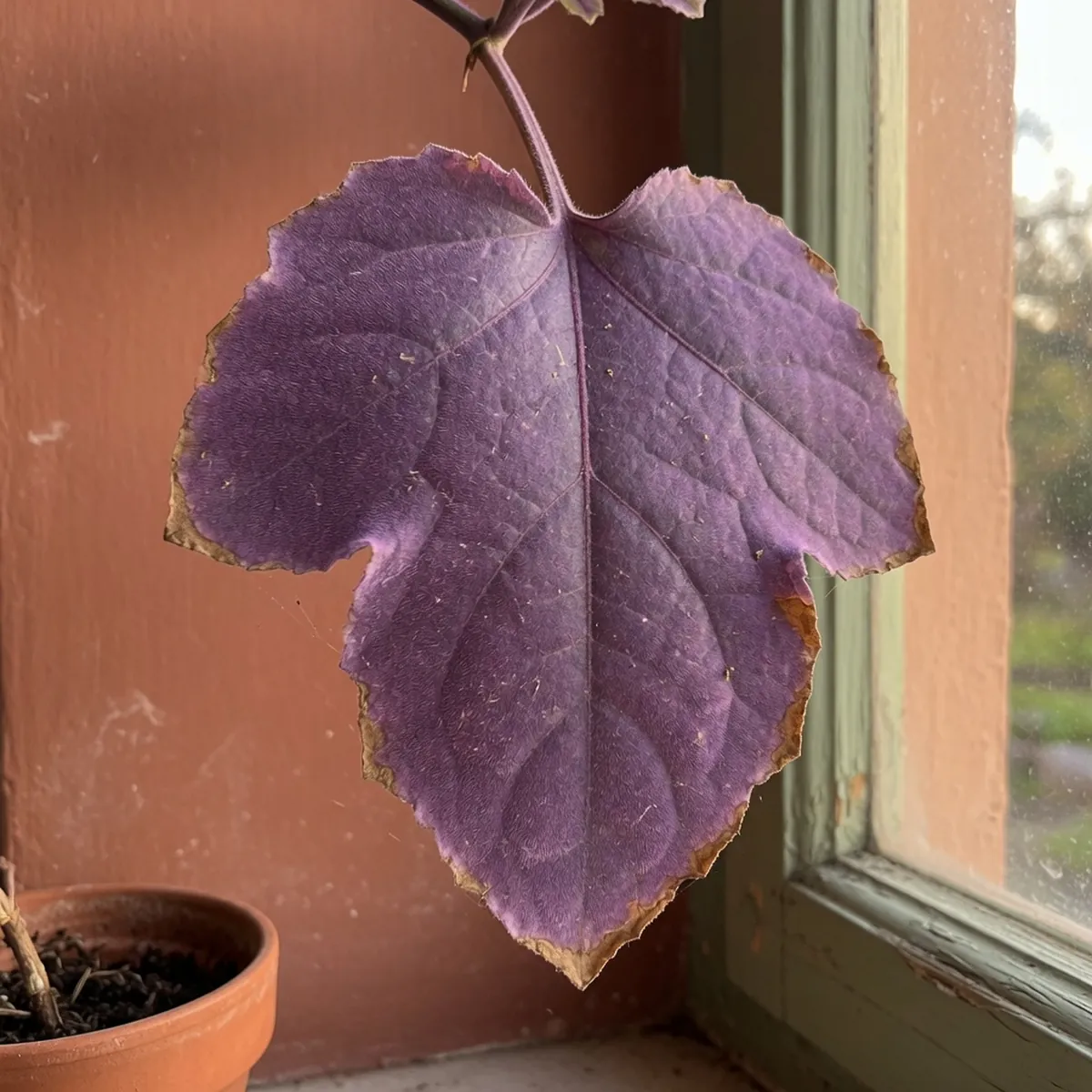 A purple passion plant leaf showing minor brown scorch marks along the edges from intense afternoon sun exposure.