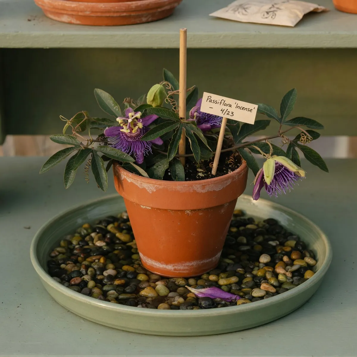 A potted purple passion plant sitting on a shallow tray filled with pebbles and water to increase humidity.