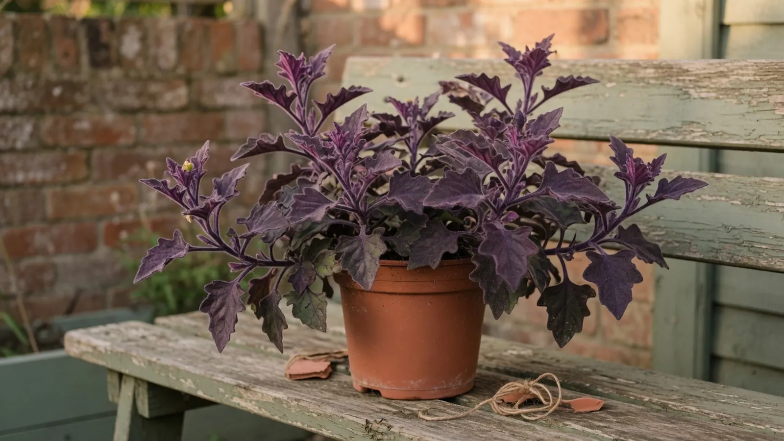 A close-up of the hairy, deep purple leaves and stems of a purple passion plant against a soft green garden background.