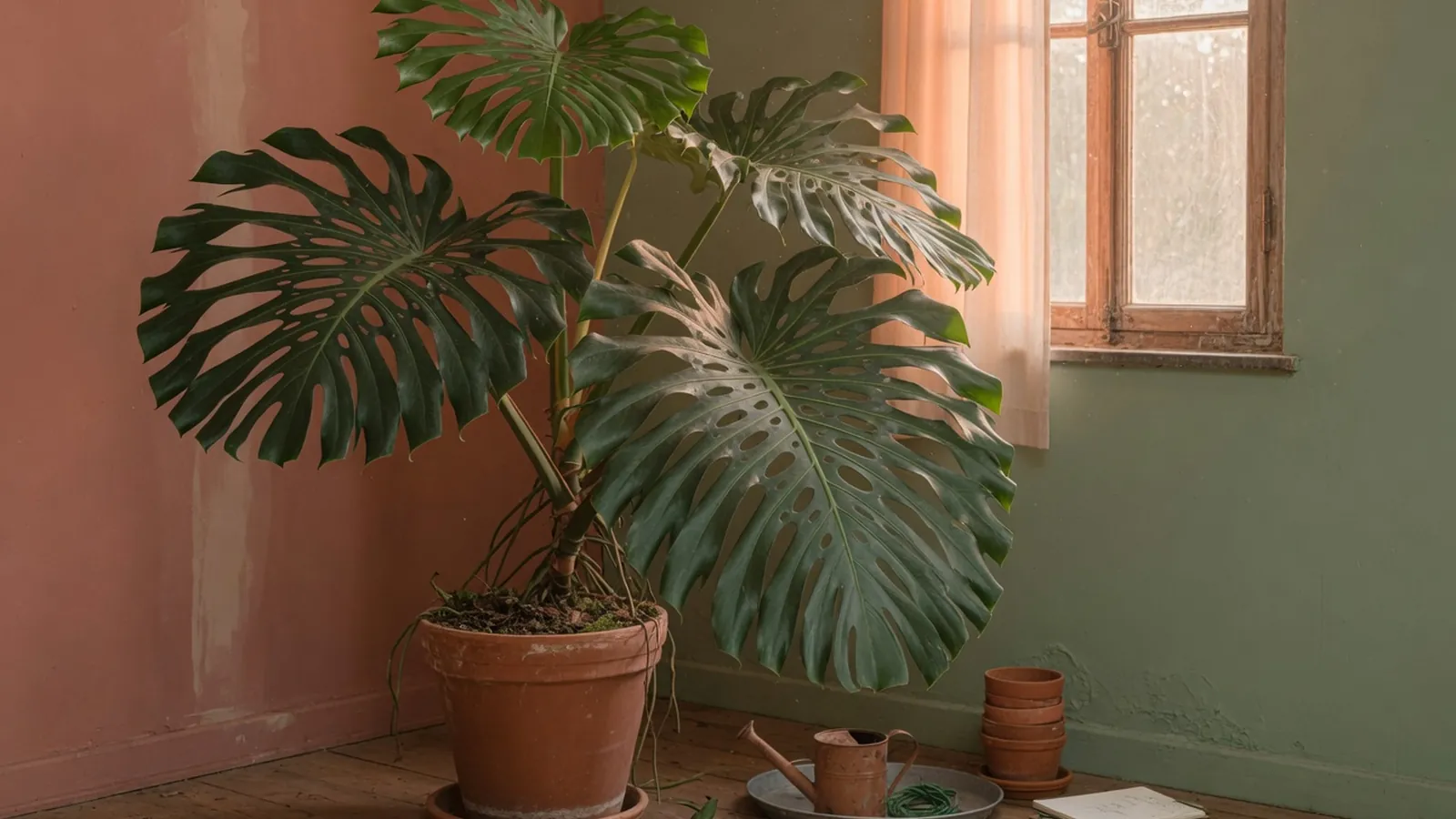 A large, glossy split-leaf philodendron plant with deeply slitted leaves standing in a bright indoor space.