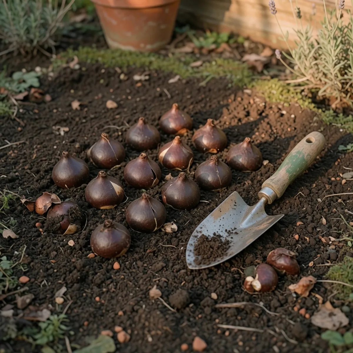 A row of dark brown tulip bulbs resting on dark, crumbly garden soil with a small hand trowel nearby.