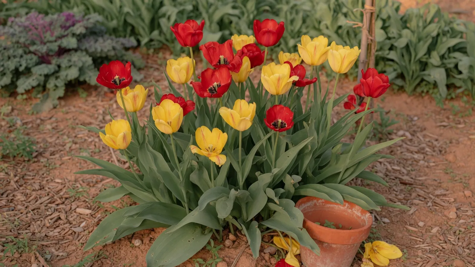 A vibrant cluster of red and yellow tulips blooming in a sunlit garden bed with soft green foliage.