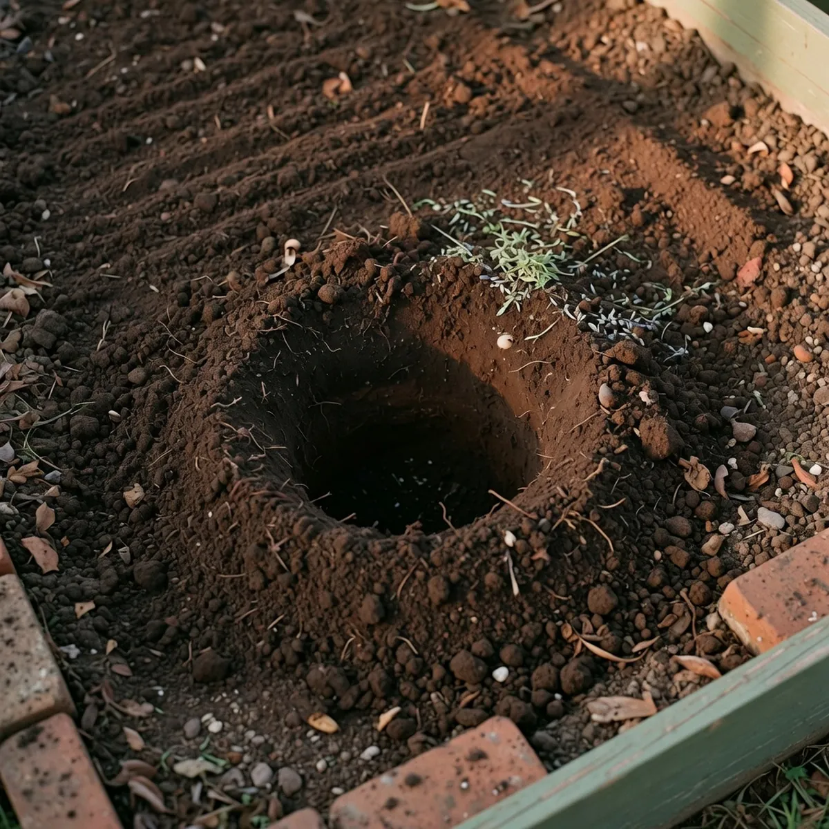 A freshly dug planting hole in prepared garden soil ready for a bulb.
