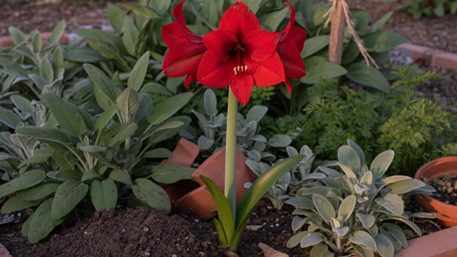 A vibrant red amaryllis flower in full bloom among green foliage in a garden bed.