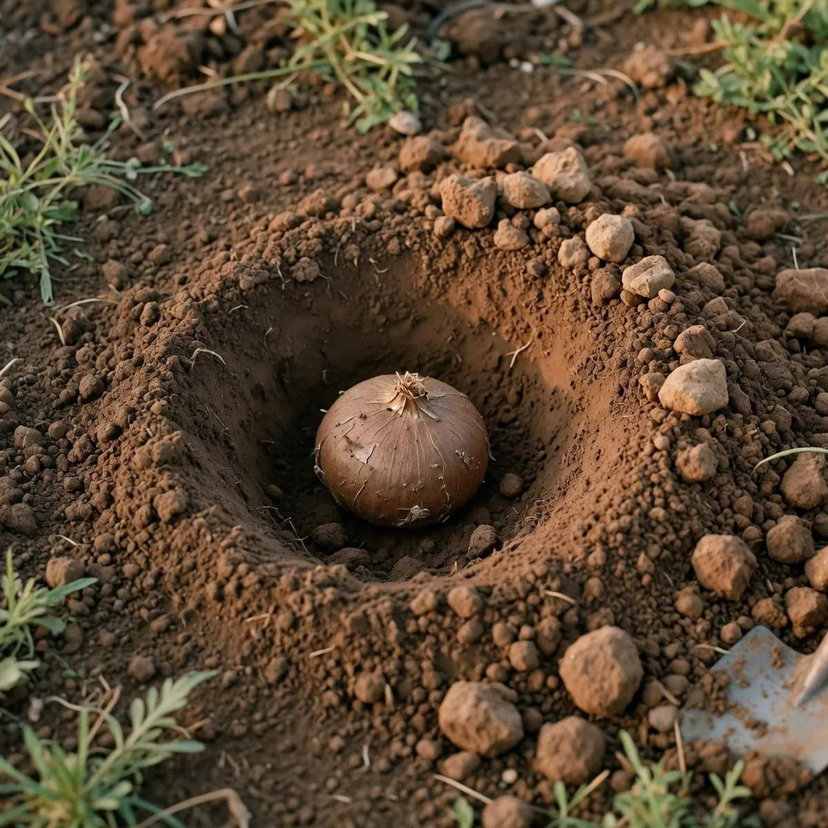 A single gladiolus corm placed in a freshly dug hole with soil being backfilled around it.
