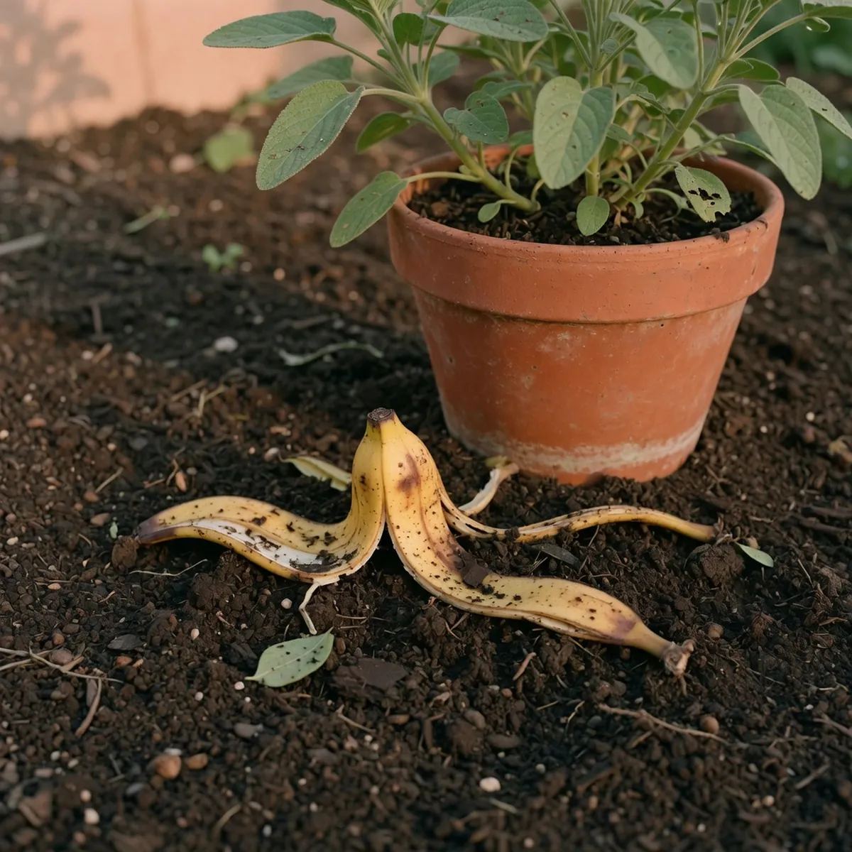 A discarded banana peel resting in dark soil beside a potted plant.