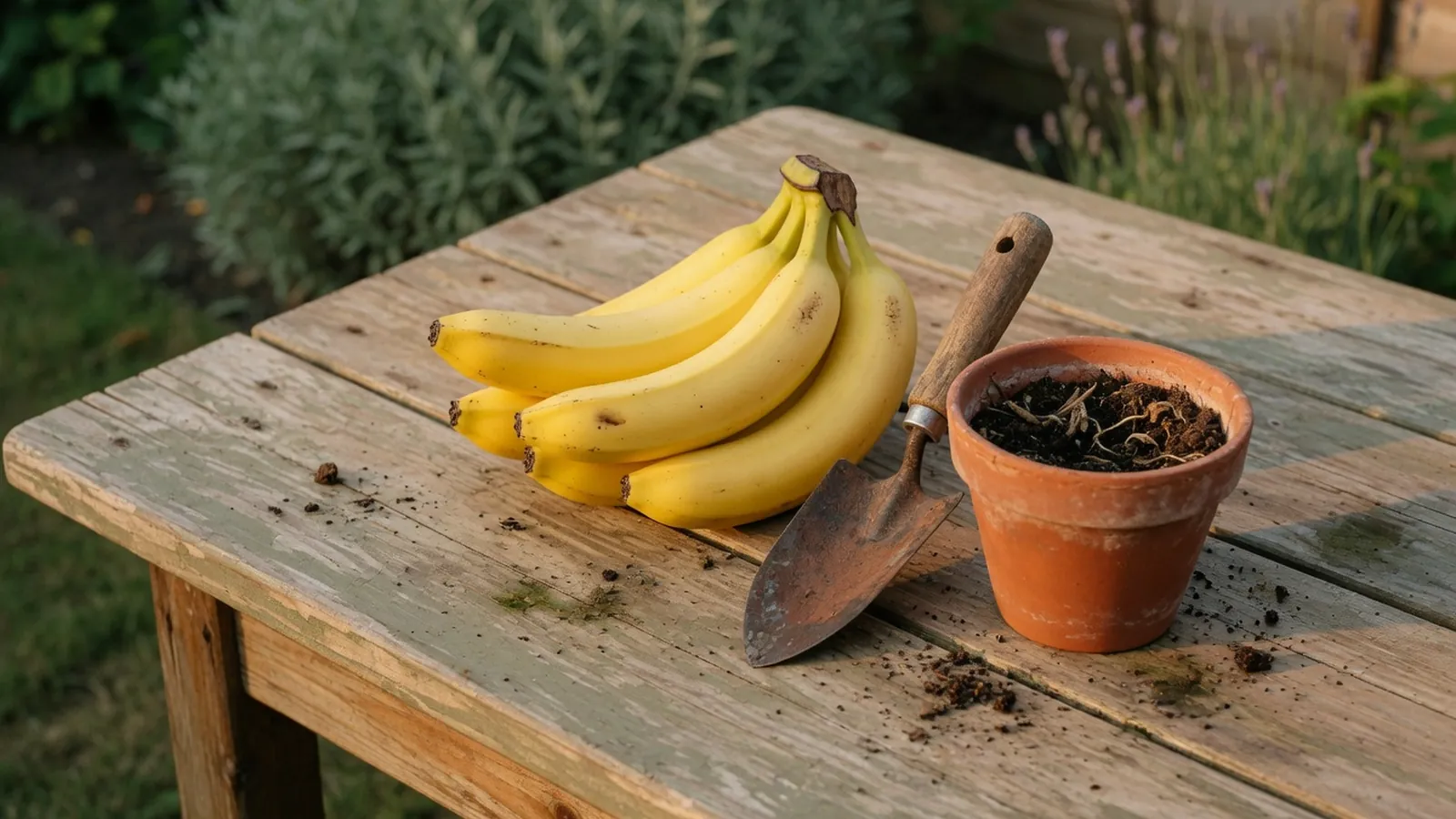 Ripe yellow bananas and gardening tools arranged on a wooden table outdoors.