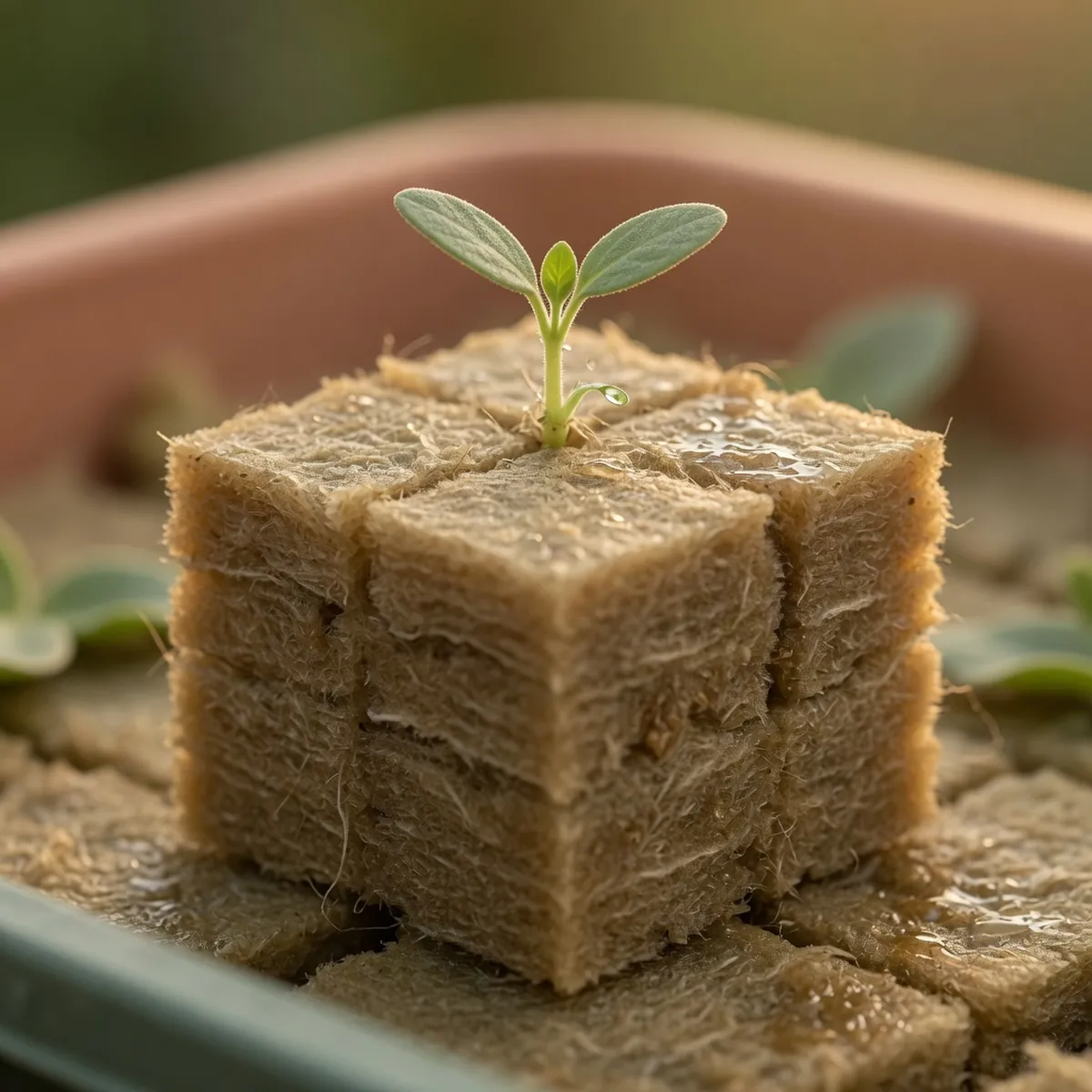 A young green seedling growing out of a square rockwool cube.