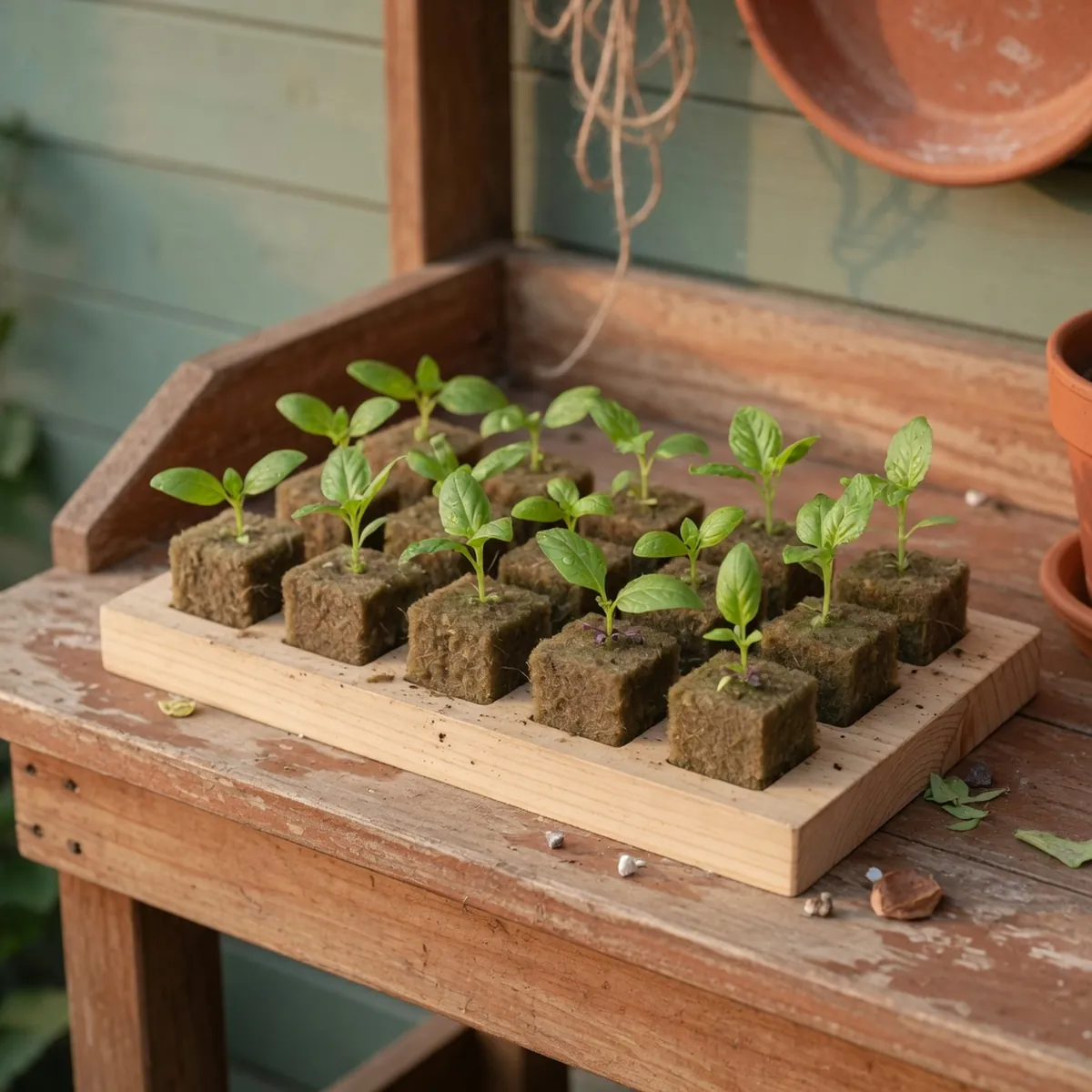 Several small seedlings growing in individual rockwool cubes inside a nursery tray.