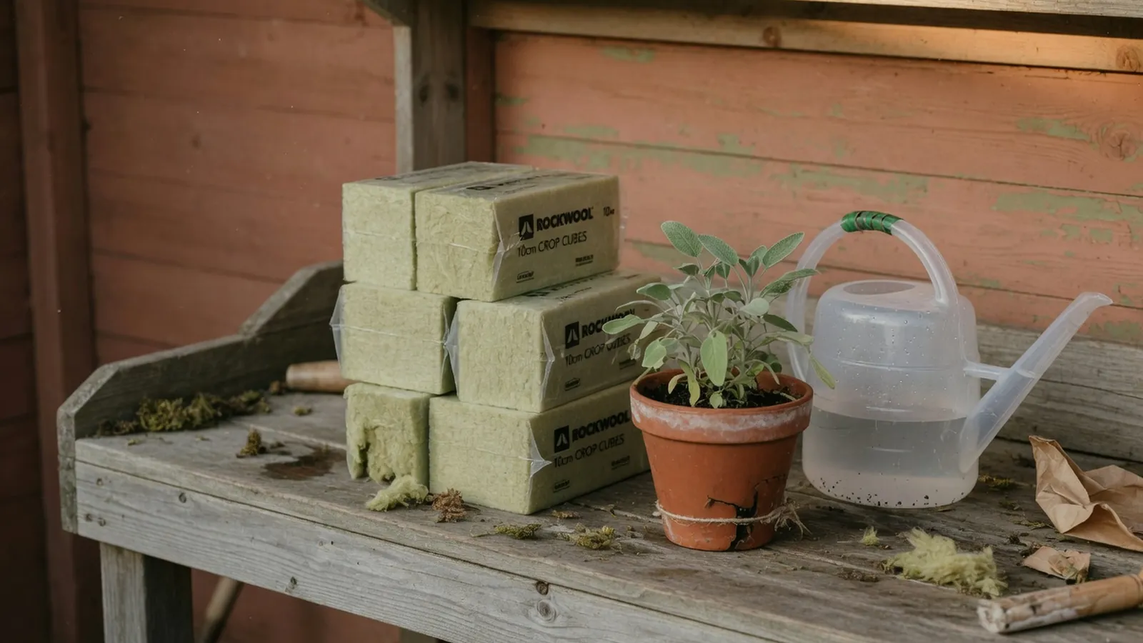 A stack of square rockwool cubes next to a small potted plant and watering can.