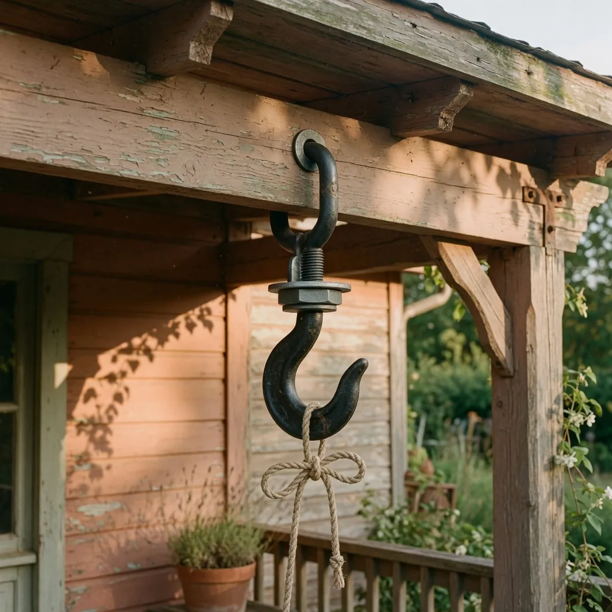 A heavy-duty metal hook securely fastened into a solid overhead wooden beam on a covered porch.