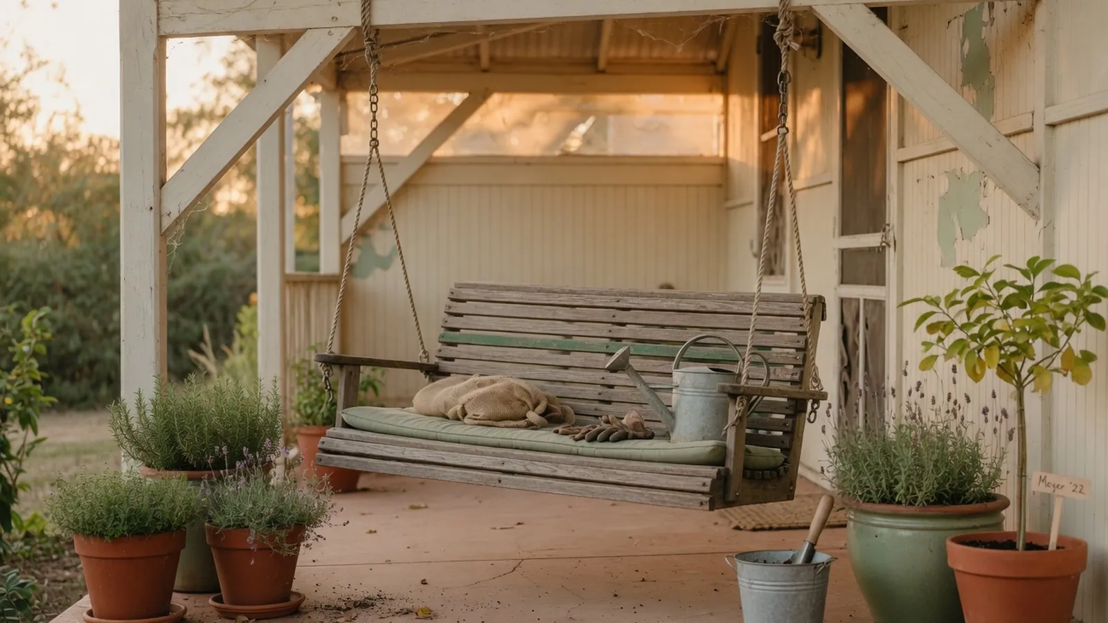 A classic wooden porch swing suspended from a sturdy overhead beam on a covered veranda.