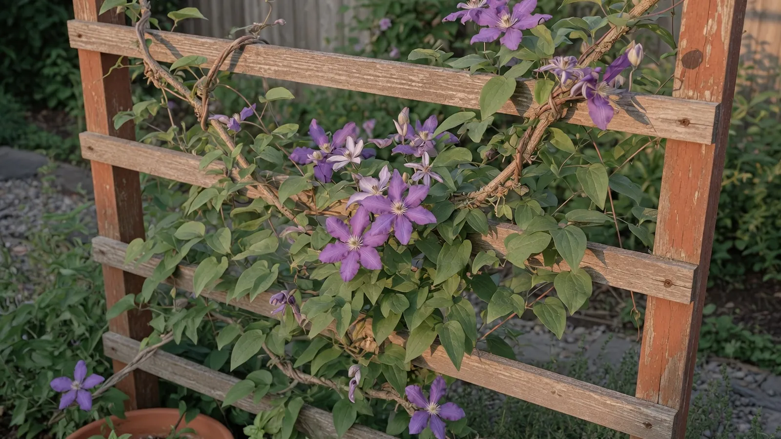 A climbing vine with bright purple flowers and green leaves growing against a wooden trellis.