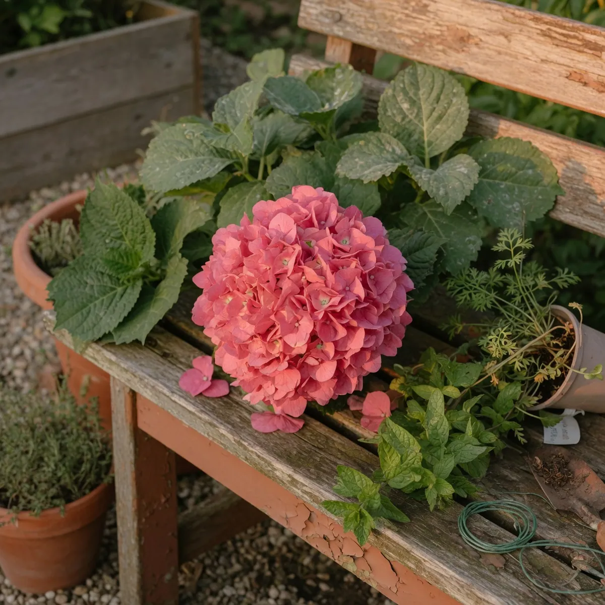 A pink hydrangea bloom on a wooden bench next to a bag of dolomite lime.