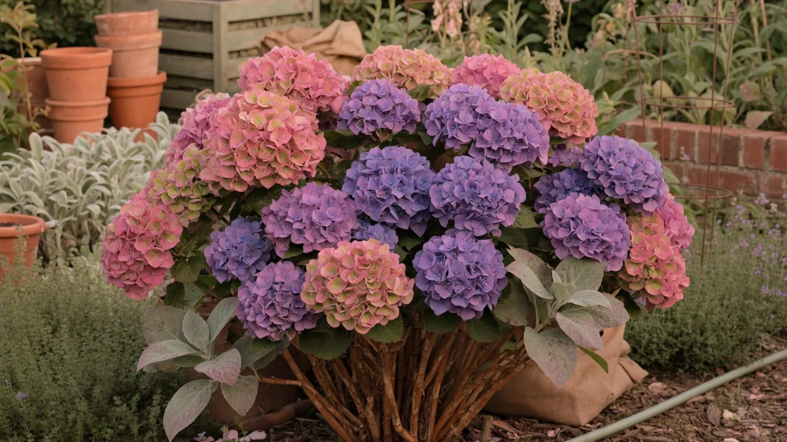 A multi-colored hydrangea shrub displaying pink, purple, and blue petals in a summer garden.