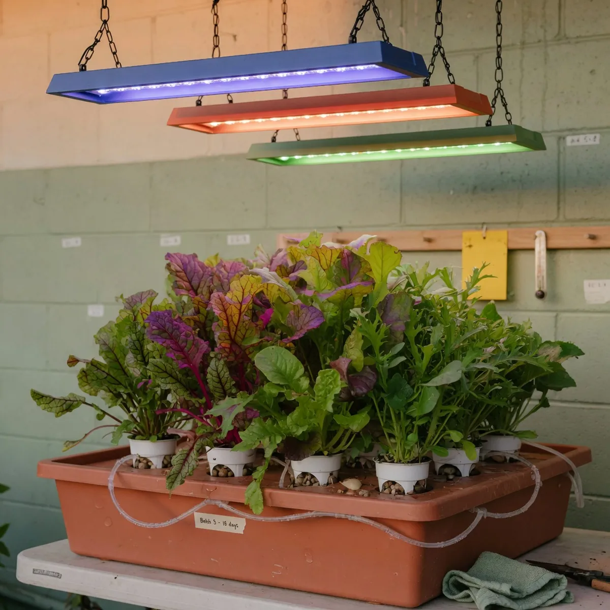 Leafy green plants growing under blue, orange, and green spectrum lights in an indoor hydroponic system.