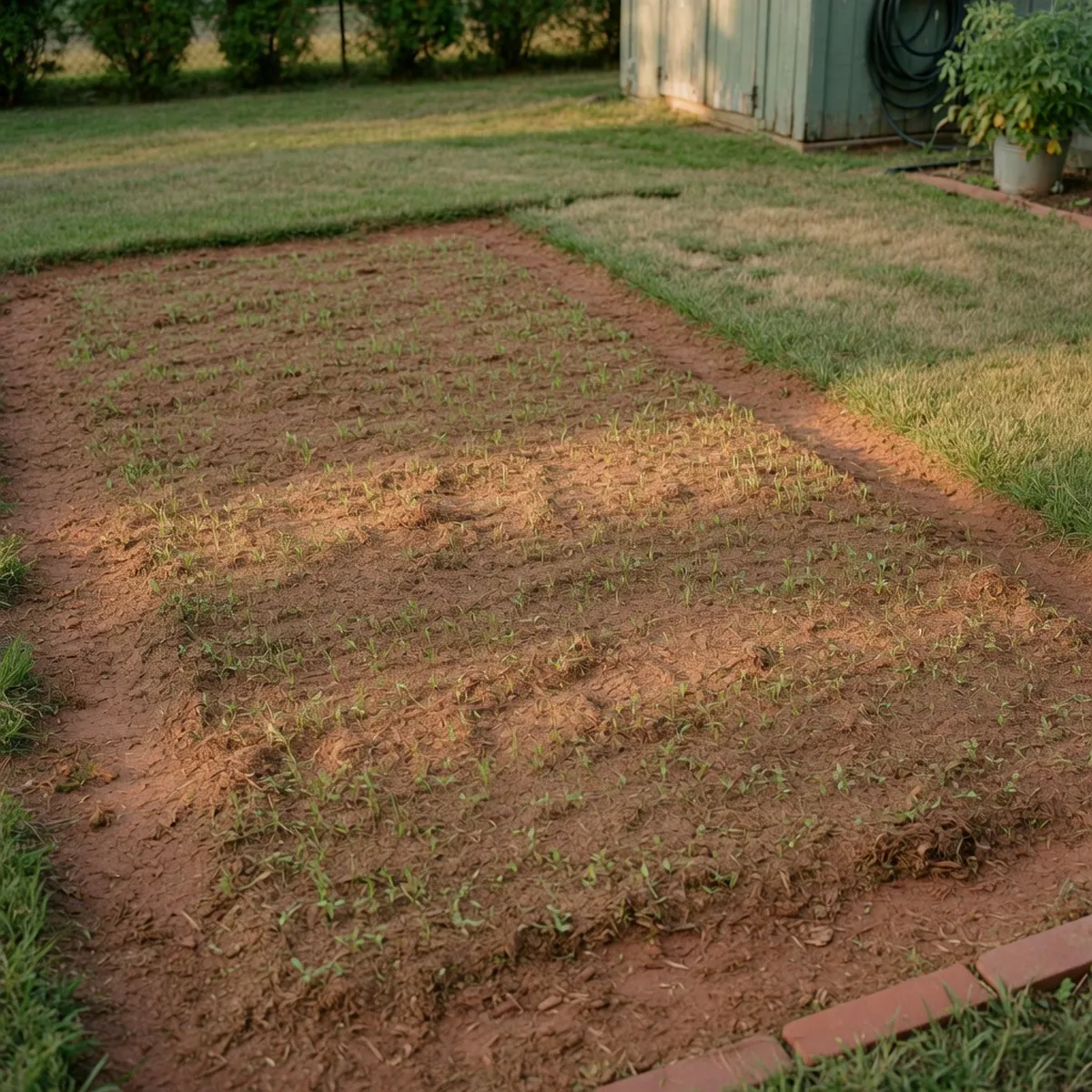 A patch of soil covered in hydroseeding mulch with emerging grass shoots in a backyard setting.