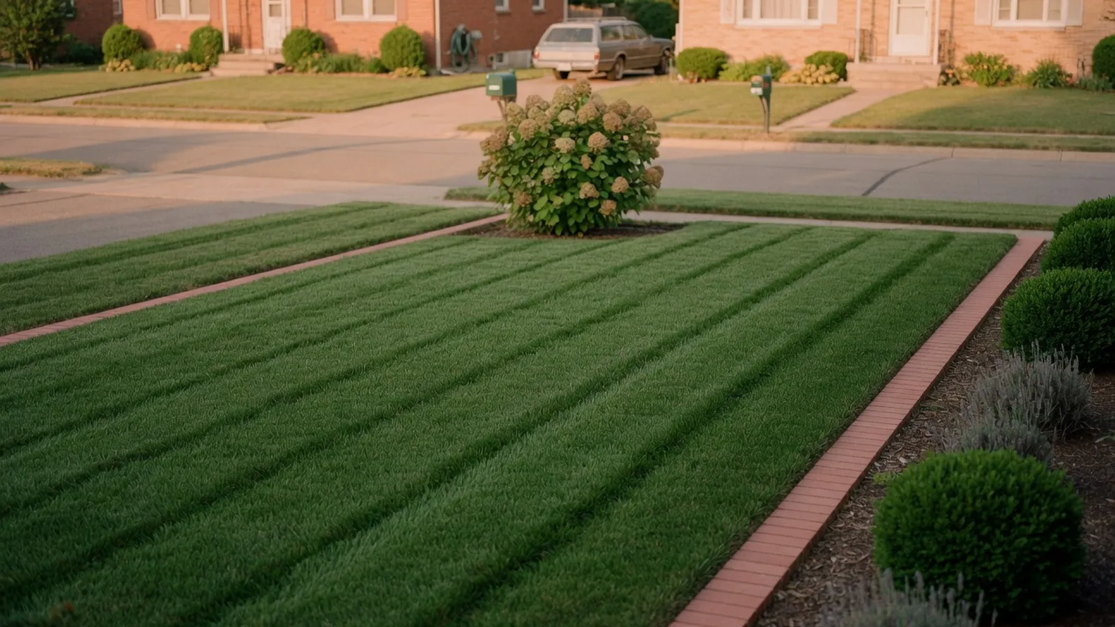A well-maintained residential lawn stretching across a quiet suburban property under bright daylight.