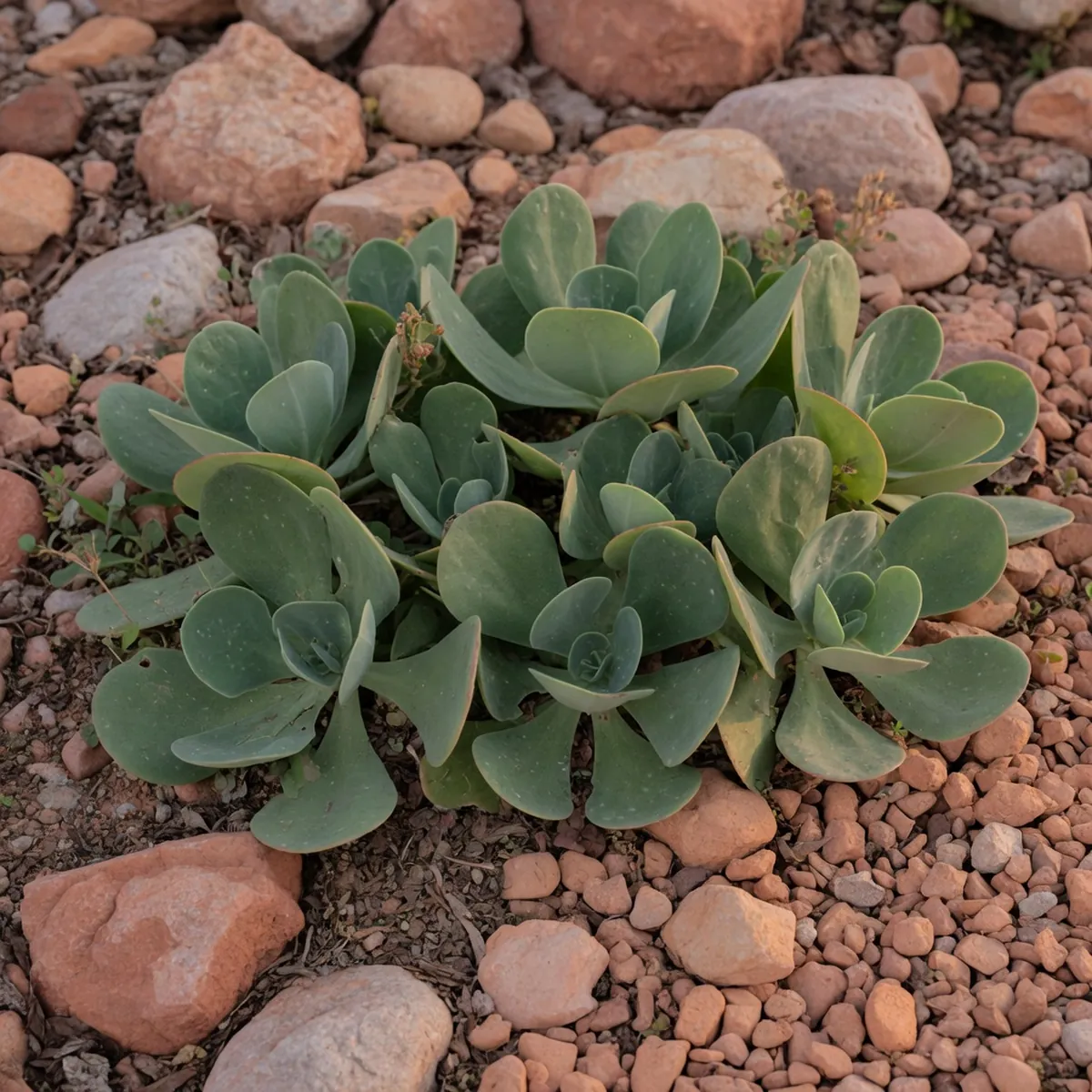 A low-growing cluster of smooth green succulent leaves spreading across a rocky garden bed.