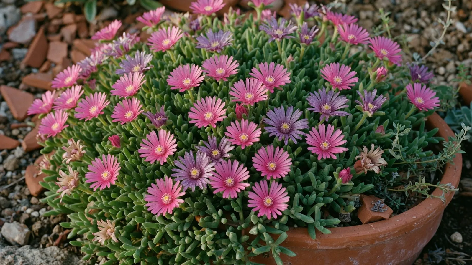 A vibrant cluster of bright pink and purple ice plant flowers blooming among low green succulent leaves.