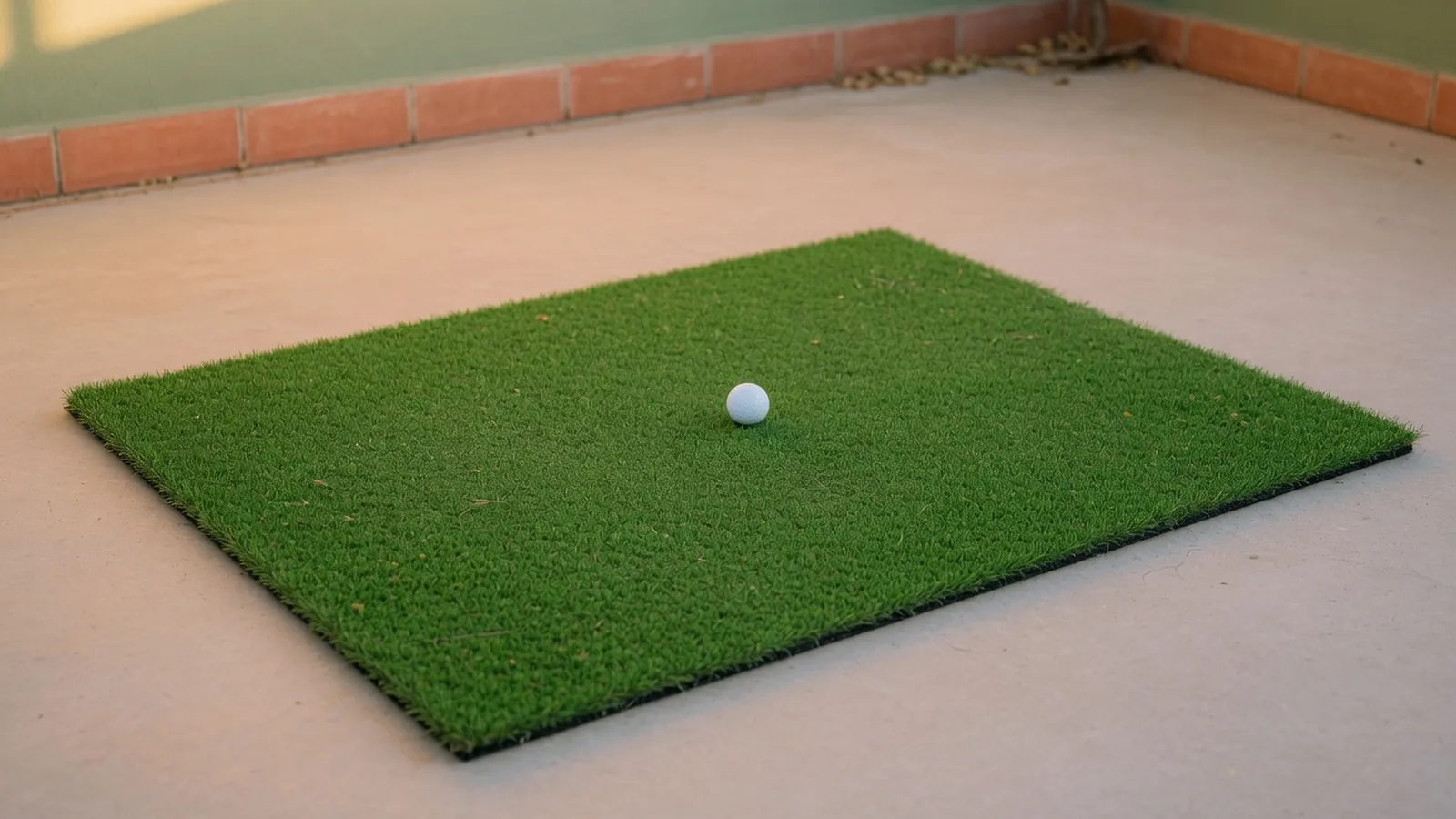 A section of green artificial turf with a white golf ball ready for indoor practice.