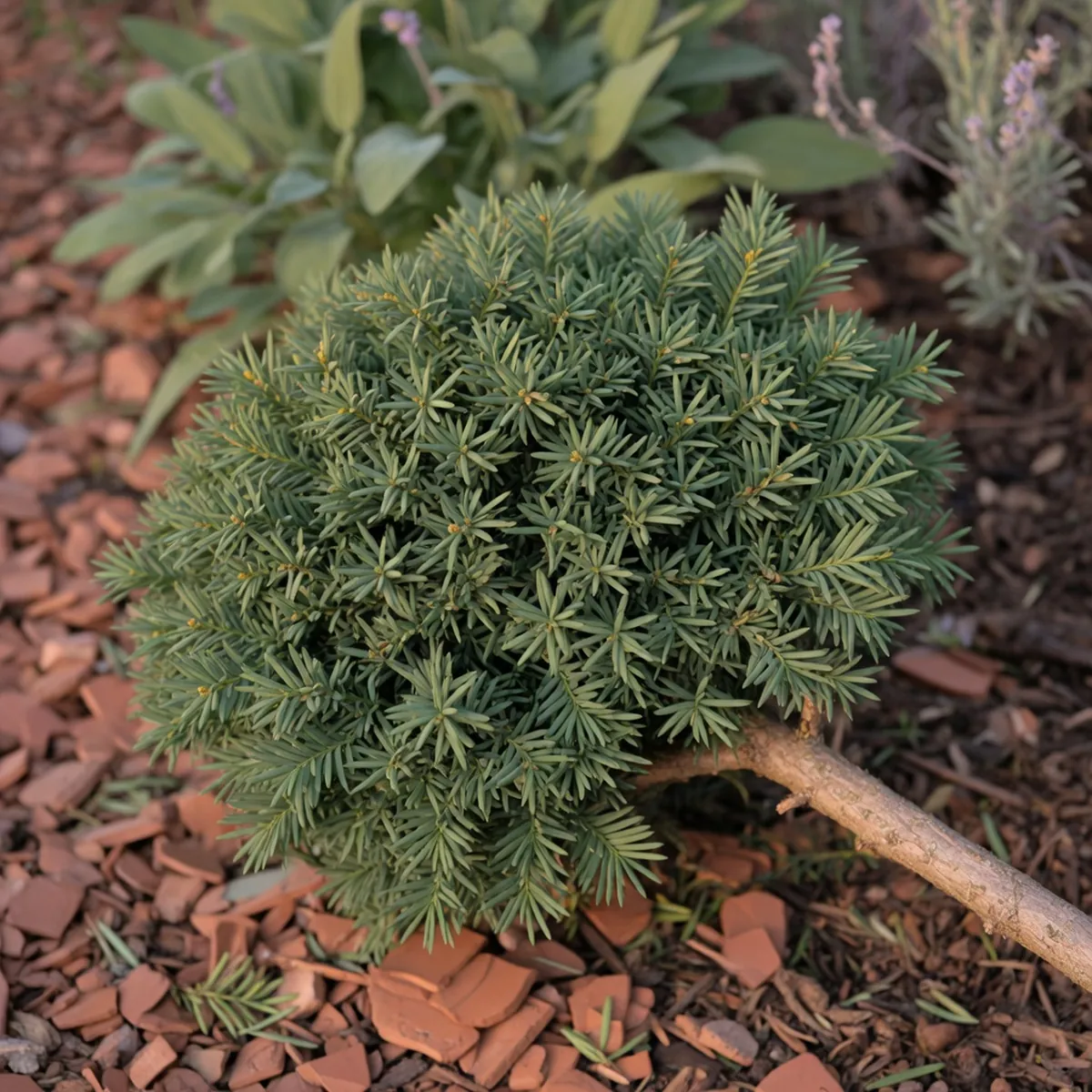 A dense cluster of soft, flat green yew needles on a trimmed shrub branch.
